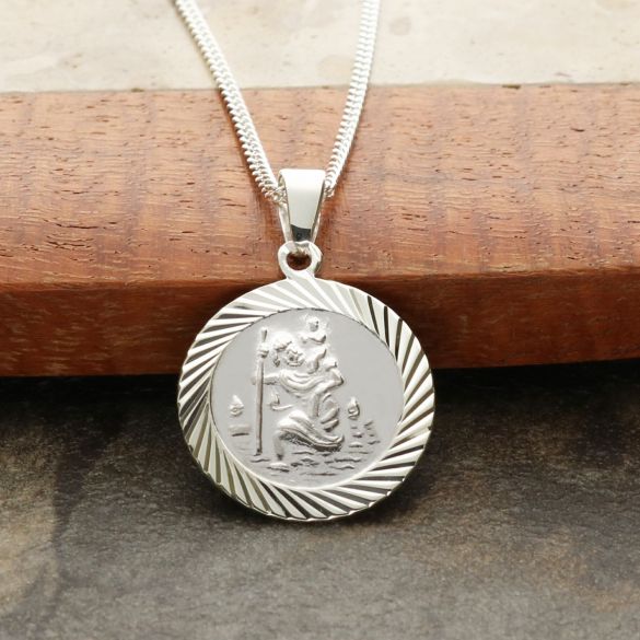 Sterling Silver 16mm Diamond Cut St Christopher Pendant With Optional Personalisation and Chain