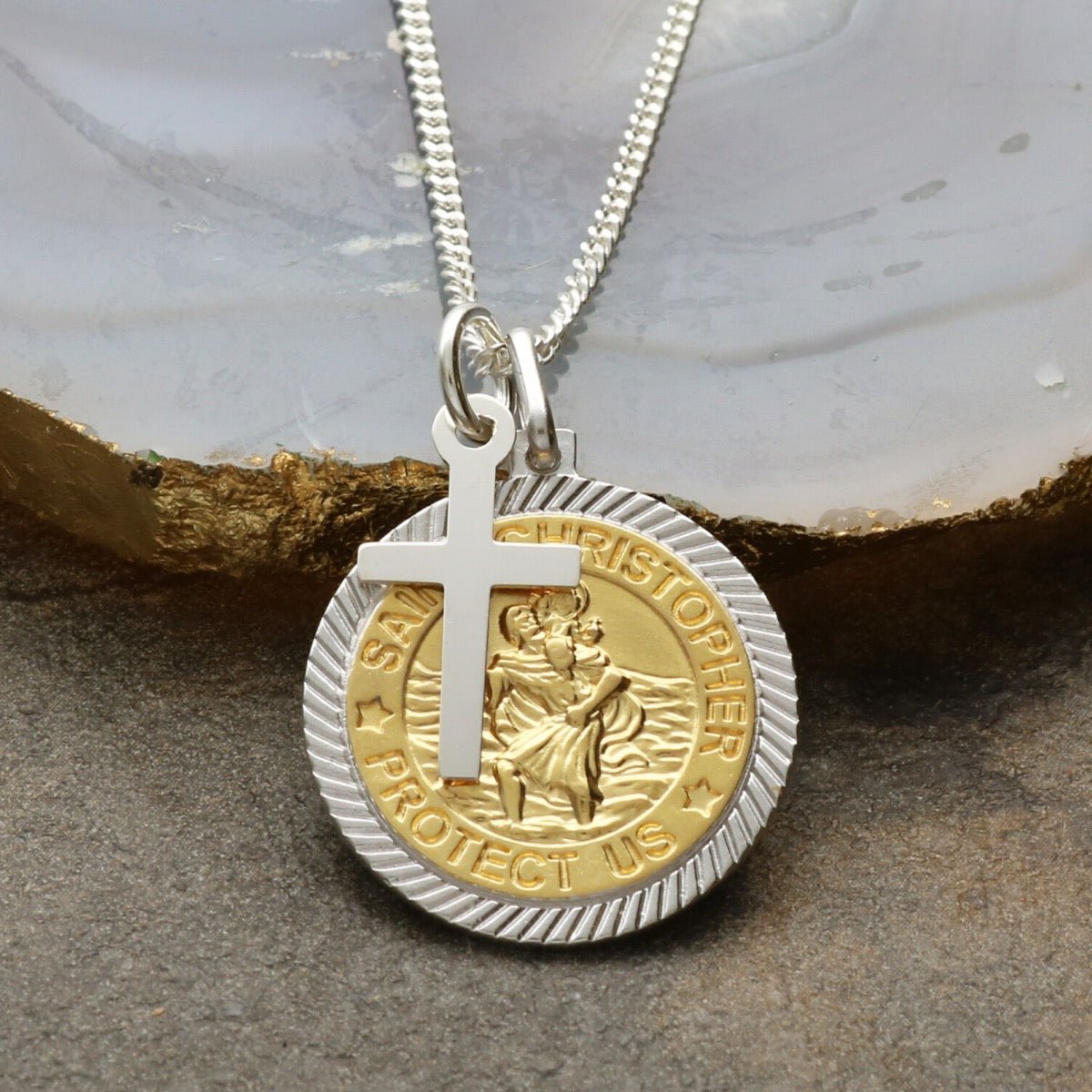 Sterling Silver and Gold Plated 18mm Diamond Cut St Christopher Pendant With Optional Engraving and Chain - Love Silver Jewellery