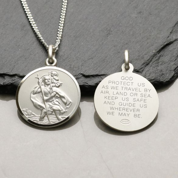 Sterling Silver 24mm St Christopher Pendant With Travellers Prayer and Optional Chain
