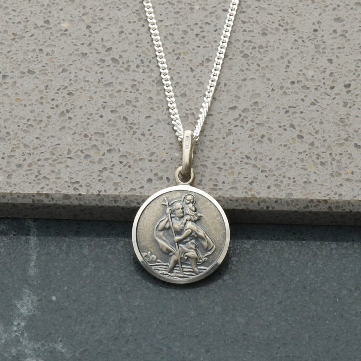 Antique Finish Sterling Silver 12mm St Christopher Pendant With Optional Engraving and Chain - Love Silver Jewellery