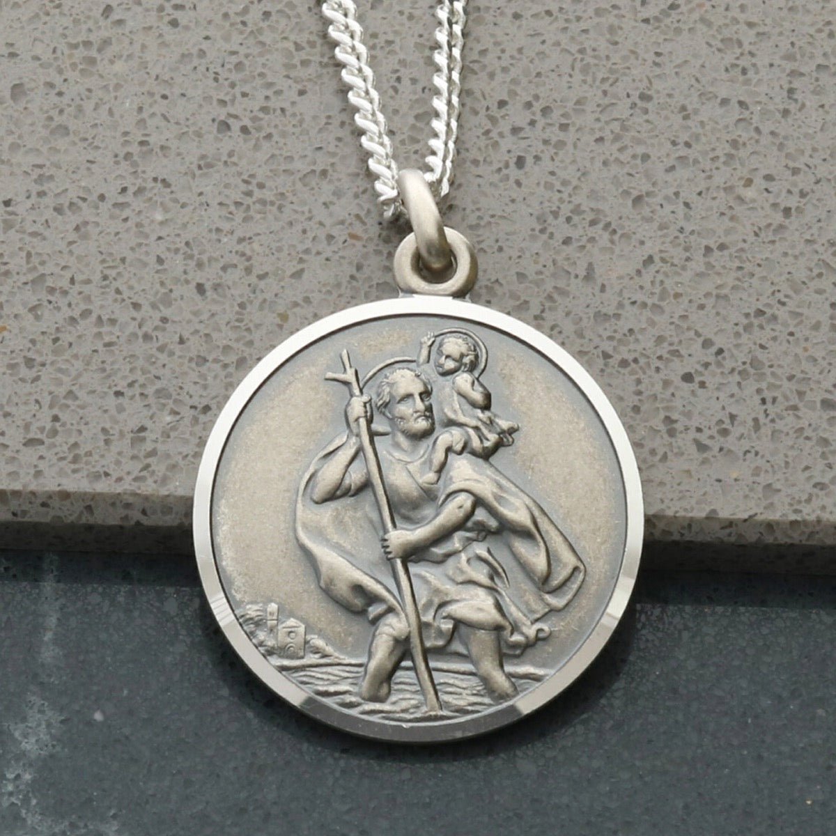 Antique Finish Sterling Silver 24mm St Christopher Pendant With Optional Engraving and Chain - Love Silver Jewellery