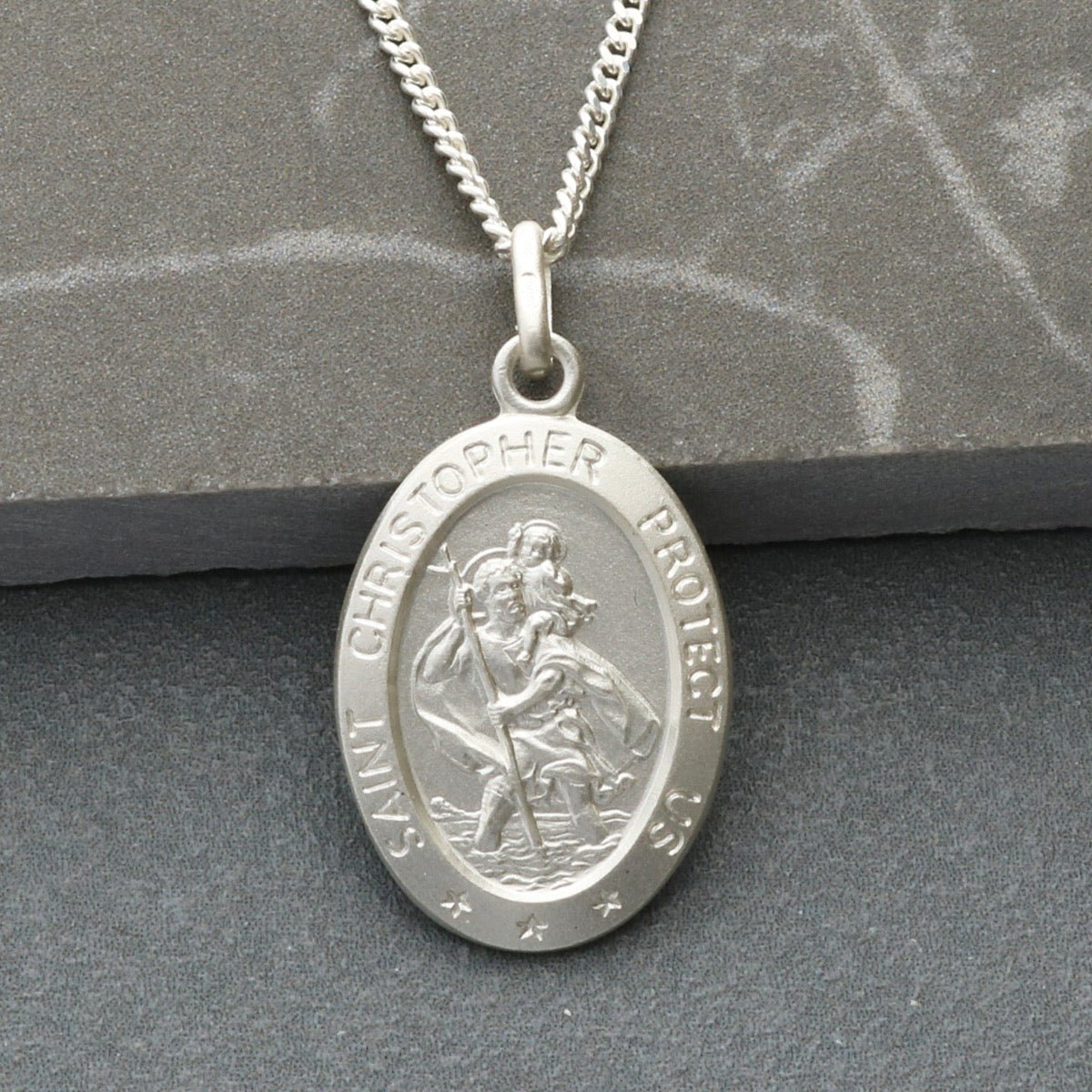 Sterling Silver Satin Oval St Christopher Pendant With Optional Engraving and Chain - Love Silver Jewellery
