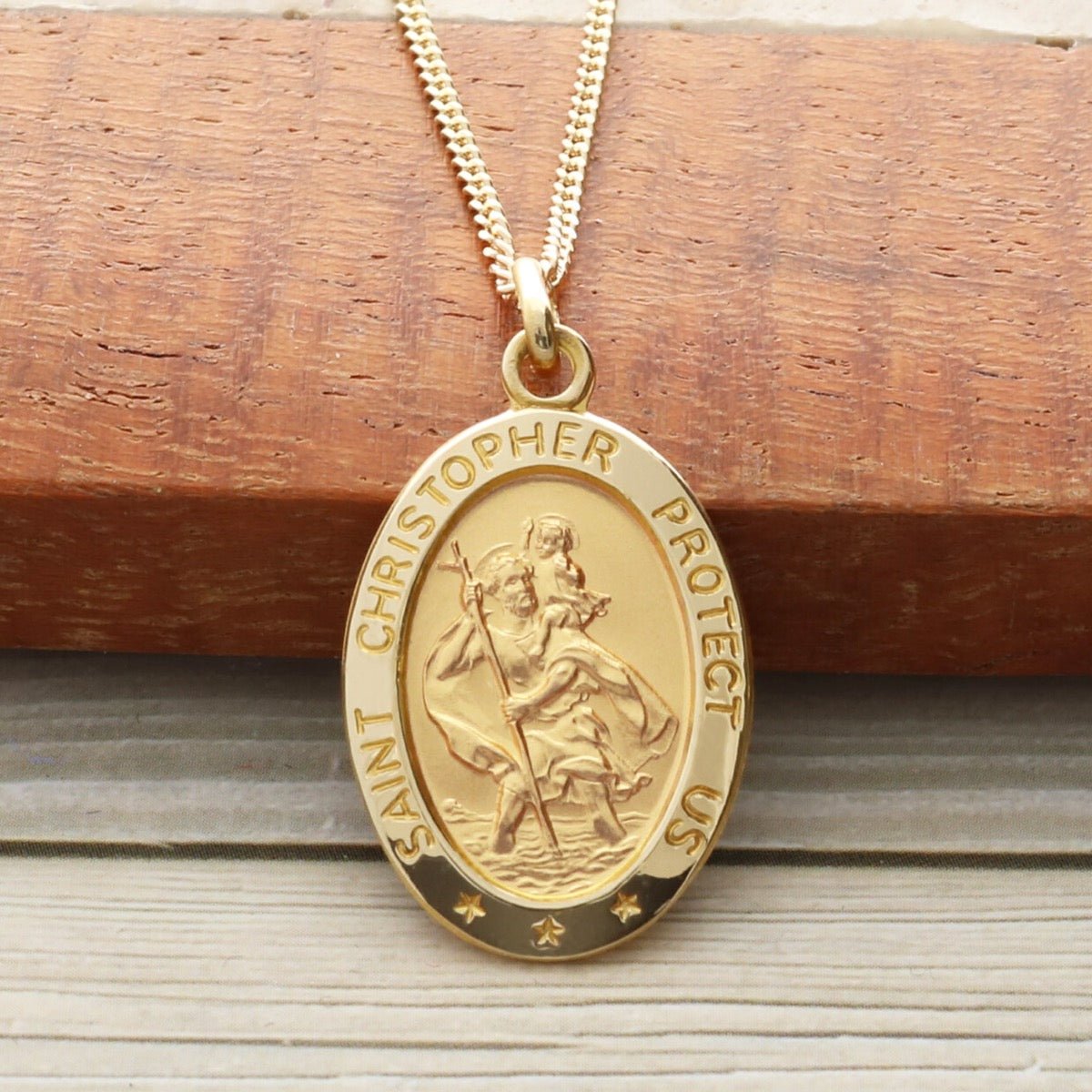 9ct Yellow Gold Satin Oval St Christopher Pendant With Optional Engraving and Chain - Love Silver Jewellery