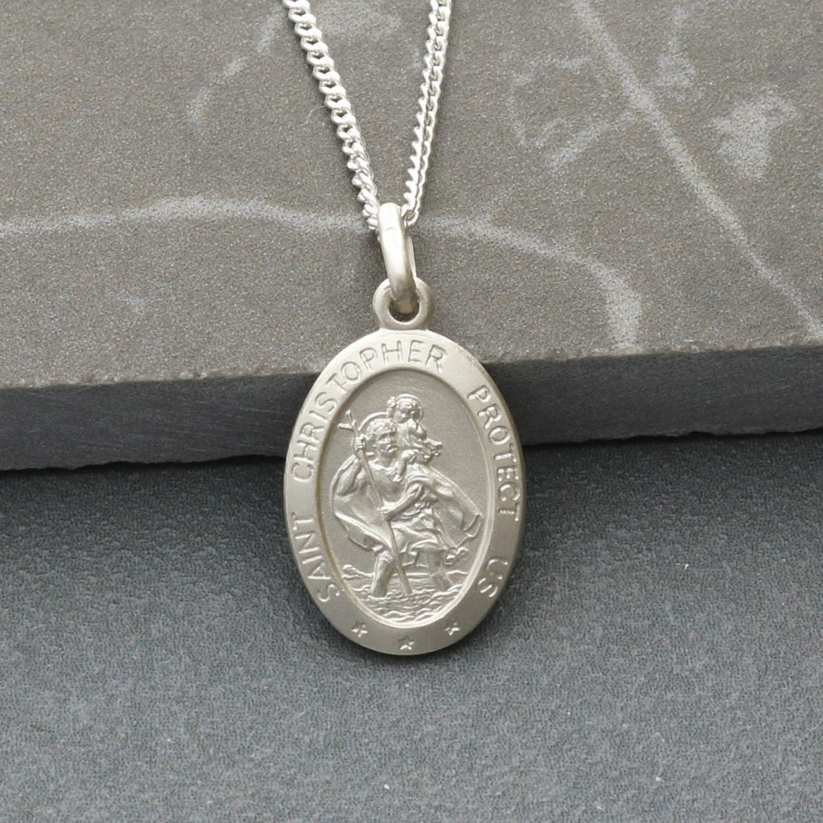 Sterling Silver Small Satin Oval St Christopher Pendant With Optional Engraving and Chain - Love Silver Jewellery