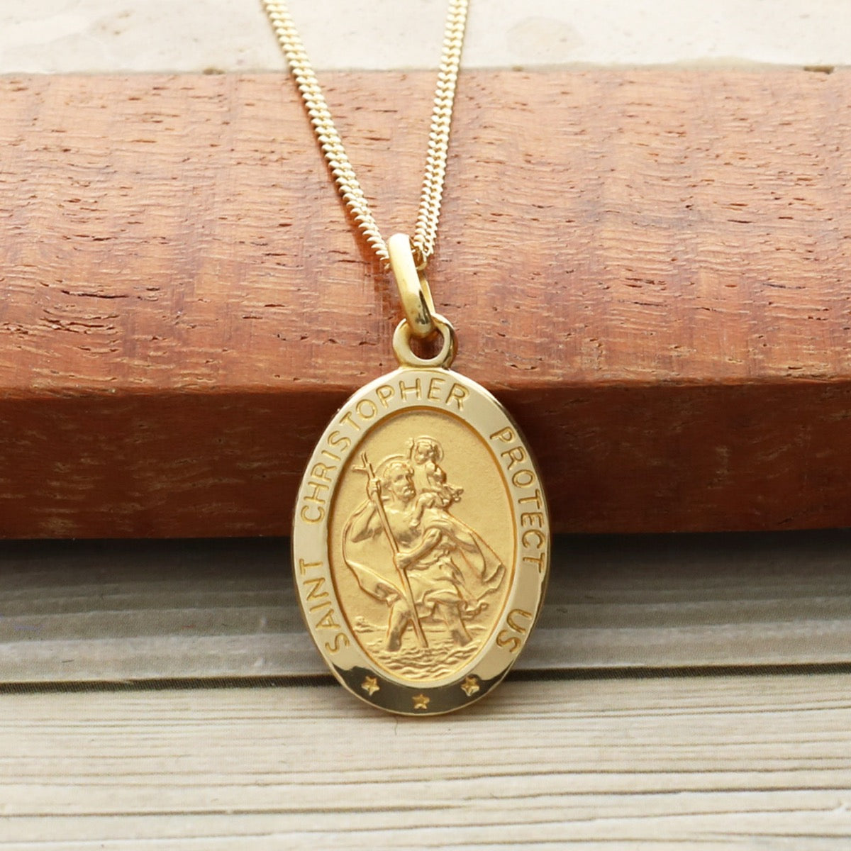 9ct Yellow Gold Small Satin Oval St Christopher Pendant With Optional Engraving and Chain