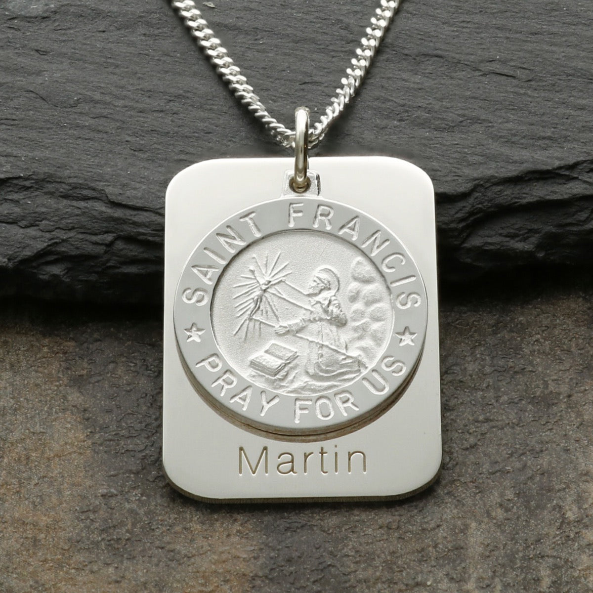 Sterling Silver St Francis Pendant With Personalised Concealed Prayer Tag and Optional Engraving