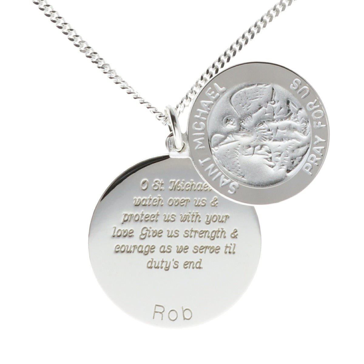 Sterling Silver Personalised St Michael With Round Concealed St Michaels Prayer and Optional Engraving - Love Silver Jewellery