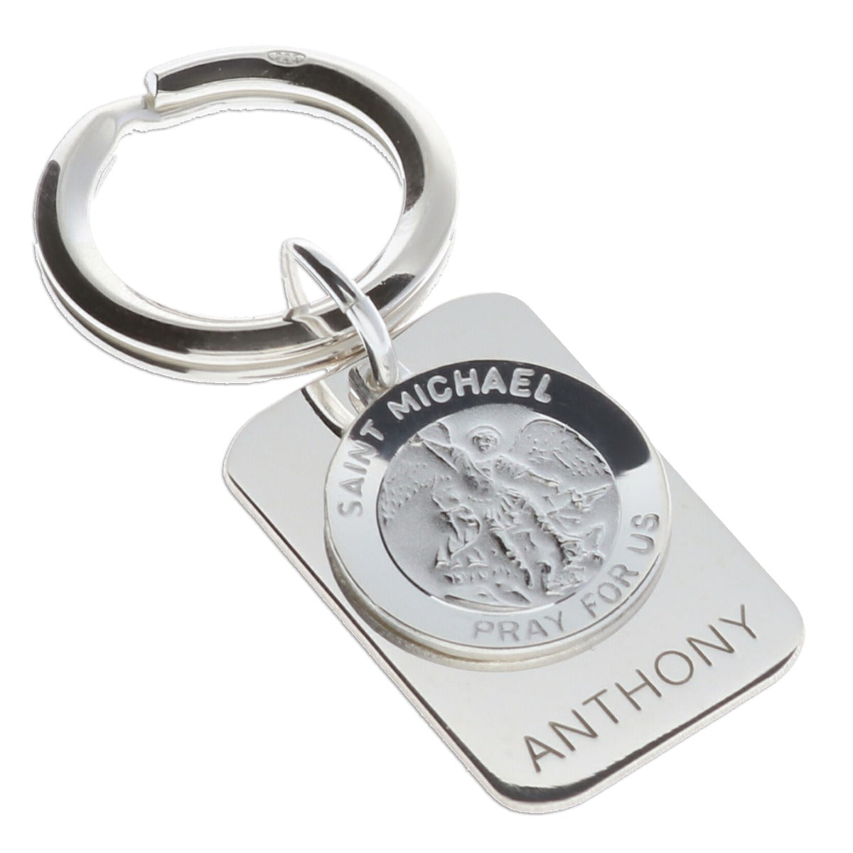 Sterling Silver Personalised Rectangle St Michael Keyring With Prayer - Love Silver Jewellery