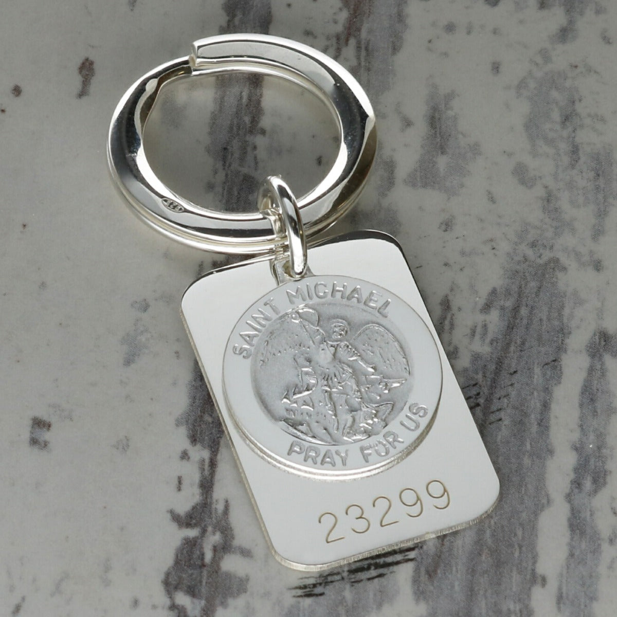 Sterling Silver Personalised Rectangle St Michael Keyring With Prayer