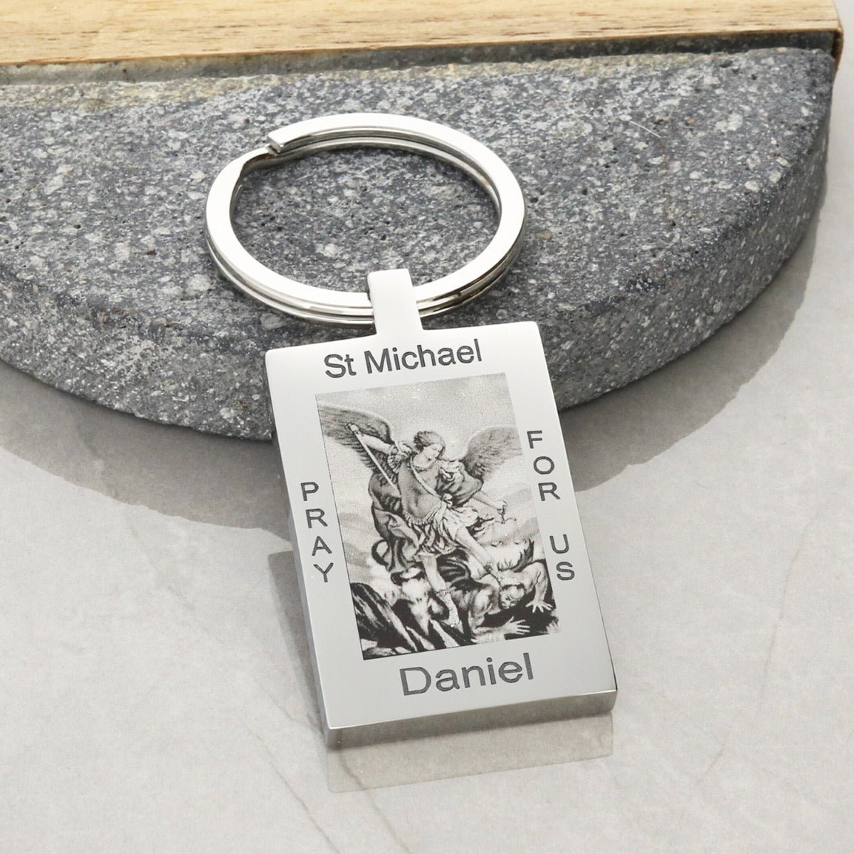 Mirror Polished Personalised Rectangle St Michael Keyring With Prayer - Love Silver Jewellery