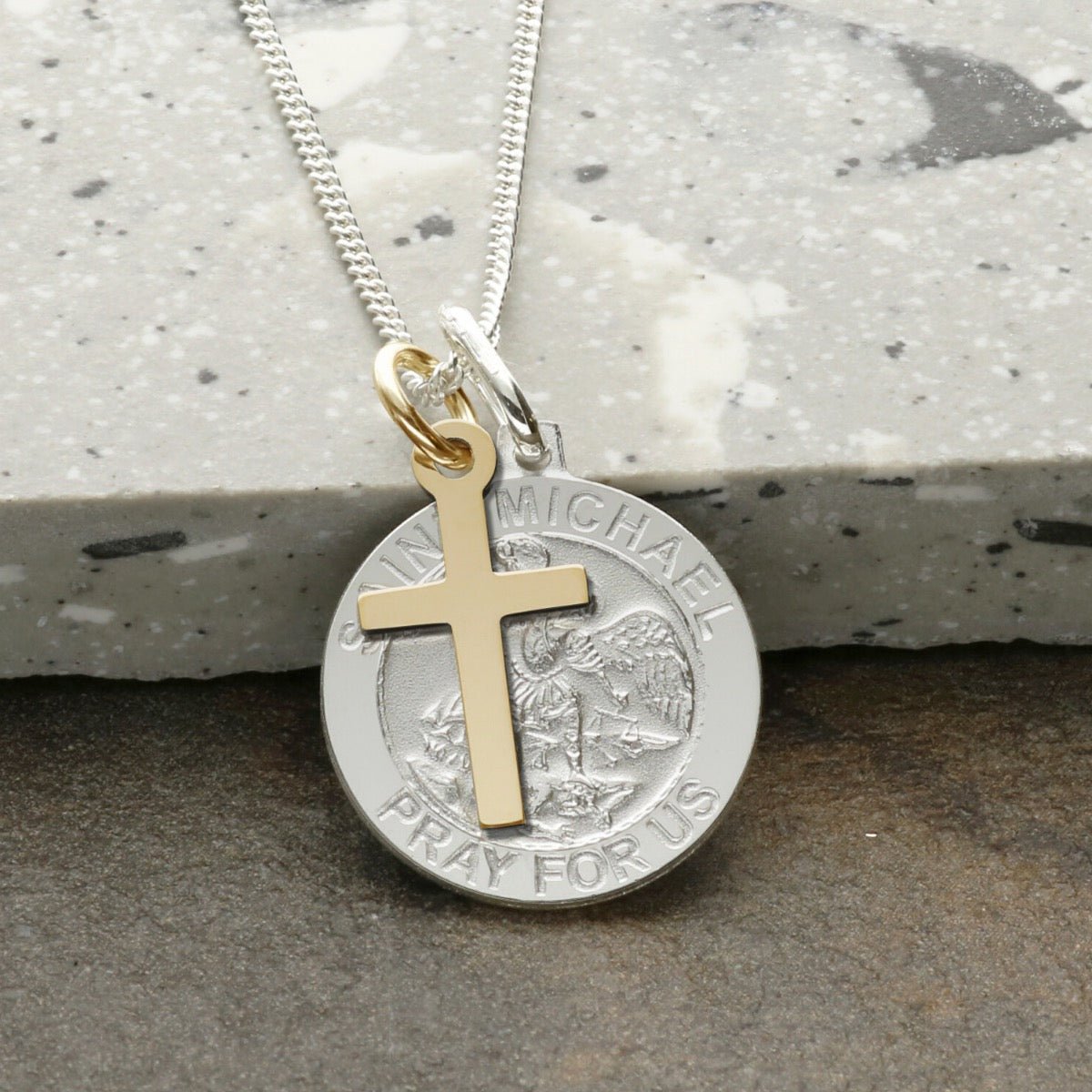 Sterling Silver St Michael Medal With 9ct Yellow Gold Plated Cross, Optional Engraving and Chain - Love Silver Jewellery