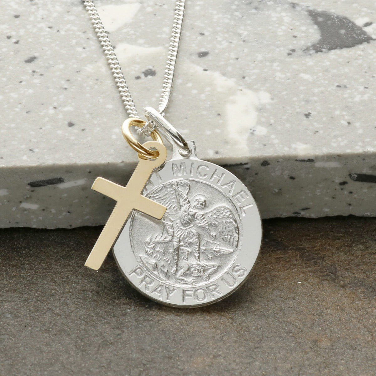 Sterling Silver St Michael Medal With 9ct Yellow Gold Vermeil Cross, Optional Engraving and Chain