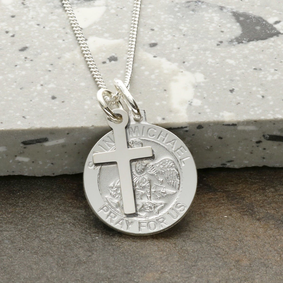 Sterling Silver St Michael Medal With Cross, Optional Engraving and Chain - Love Silver Jewellery