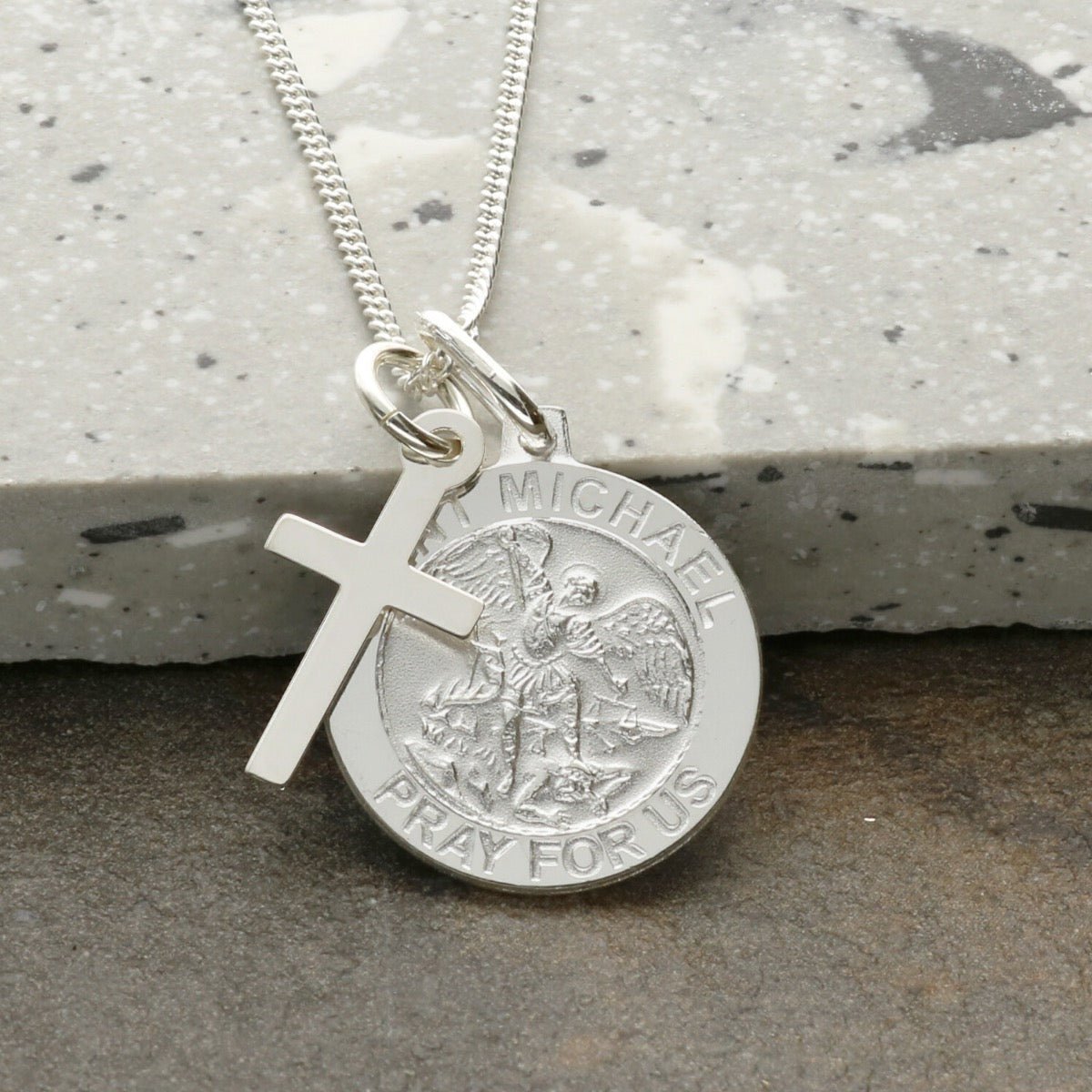 Sterling Silver St Michael Medal With Cross, Optional Engraving and Chain - Love Silver Jewellery