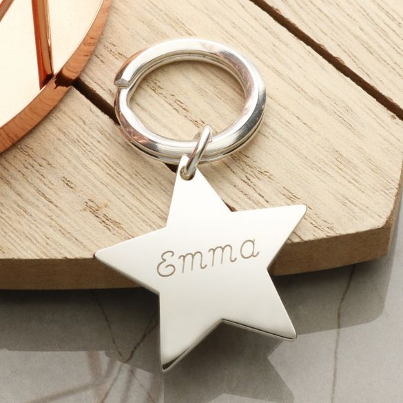 Sterling Silver Engraved Star Keyring - Love Silver Jewellery