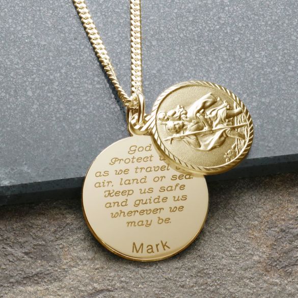 9ct Yellow Gold Personalised Round St Christopher With Travellers Prayer