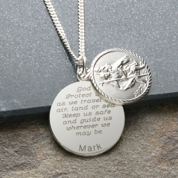 Sterling Silver Personalised Round St Christopher With Travellers Prayer & Optional Engraving - Love Silver Jewellery