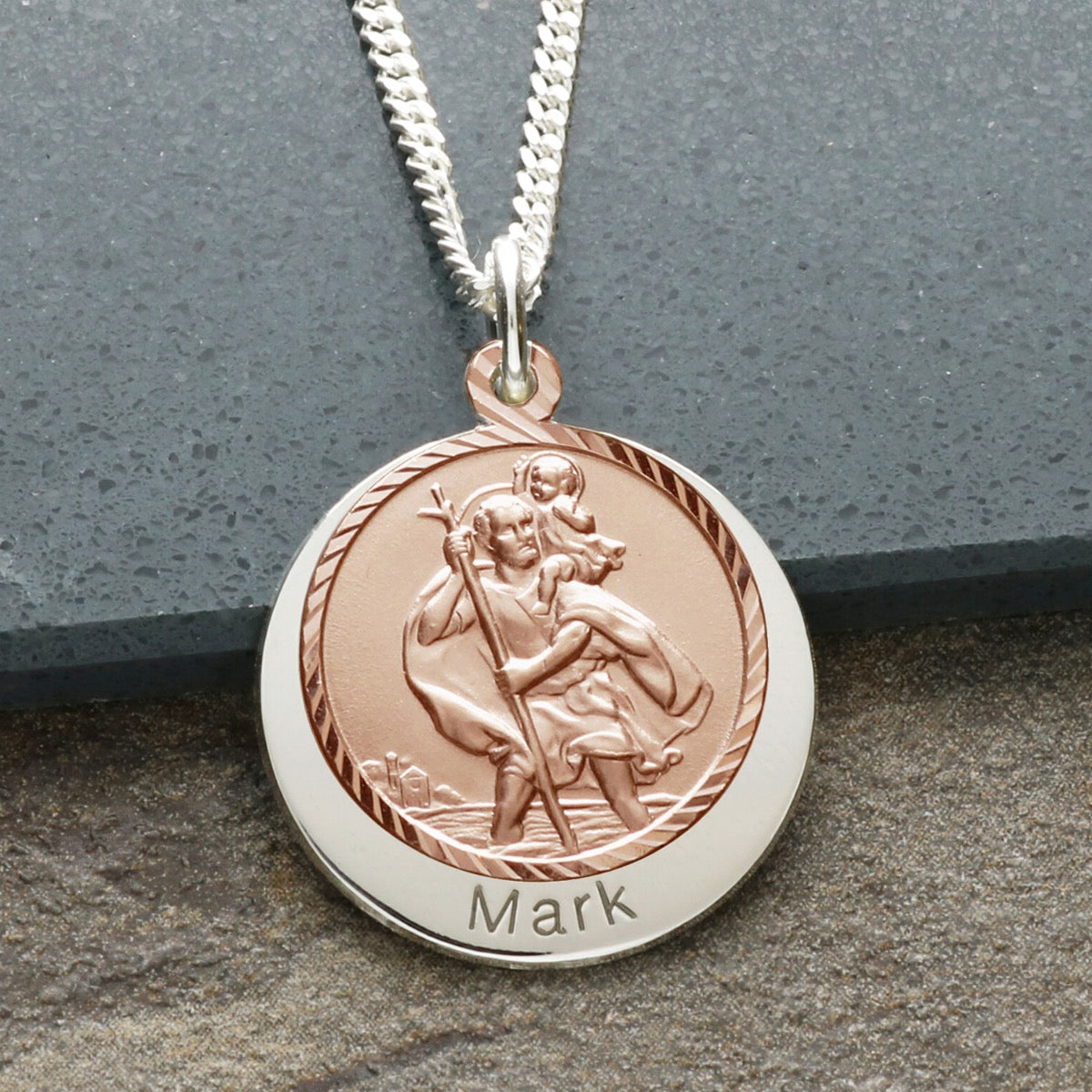 9ct Rose Gold Plated & Silver Personalised St Christopher With Concealed Travellers Prayer