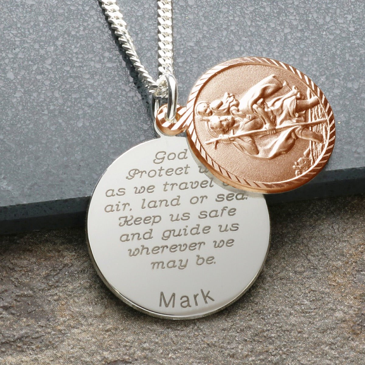 9ct Rose Gold Plated & Silver Personalised St Christopher With Concealed Travellers Prayer - Love Silver Jewellery