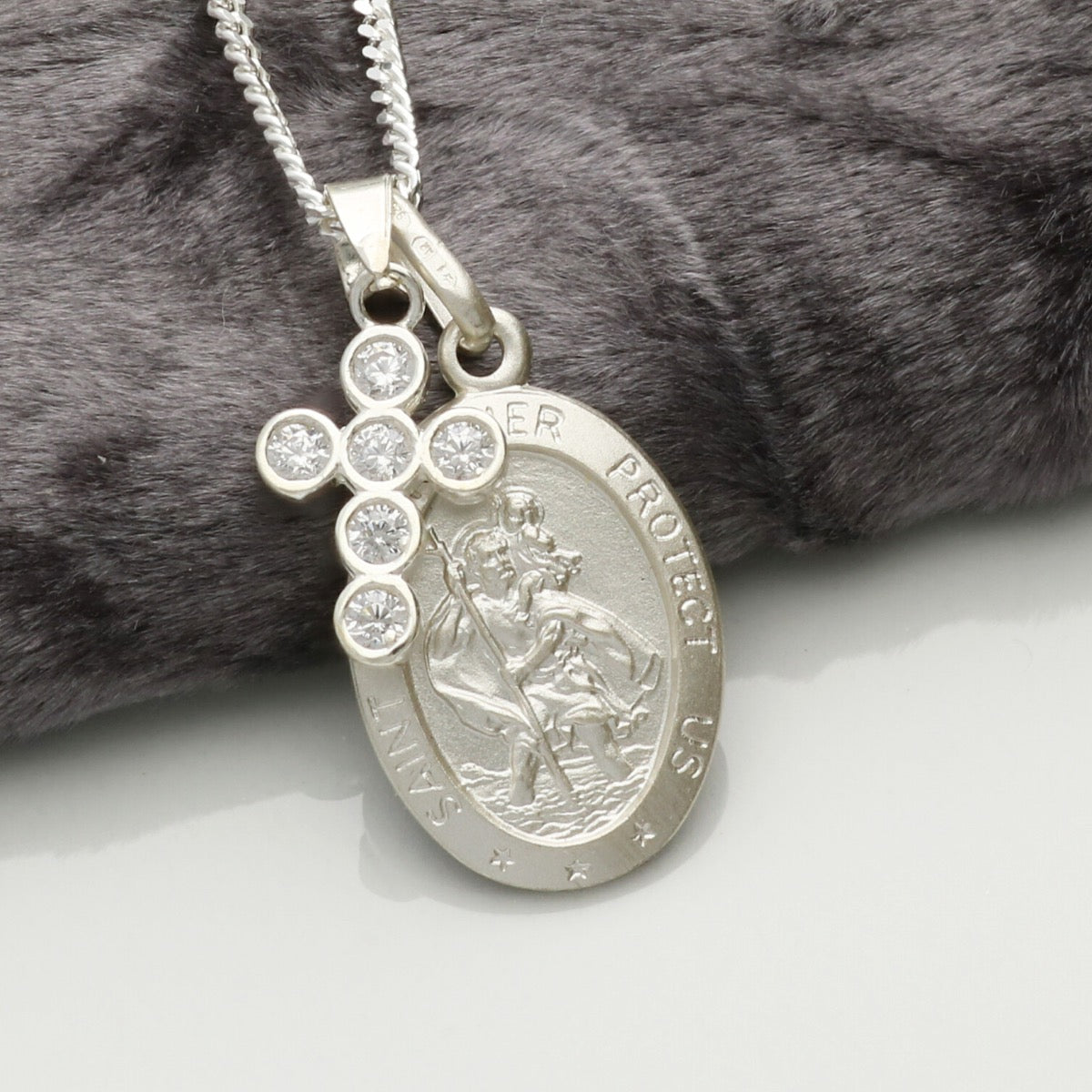 Sterling Silver Small Satin Oval St Christopher Necklace With Crystal