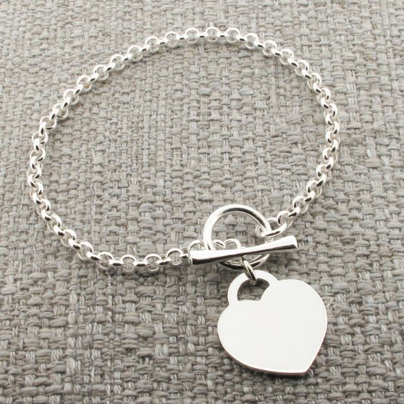 Sterling Silver Ladies T Bar Bracelet With Heart Charm and Optional Engraving