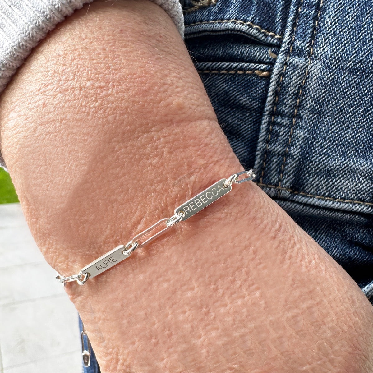 Sterling Silver Personalised Paper Clip Bracelet With Engraved Bar Links