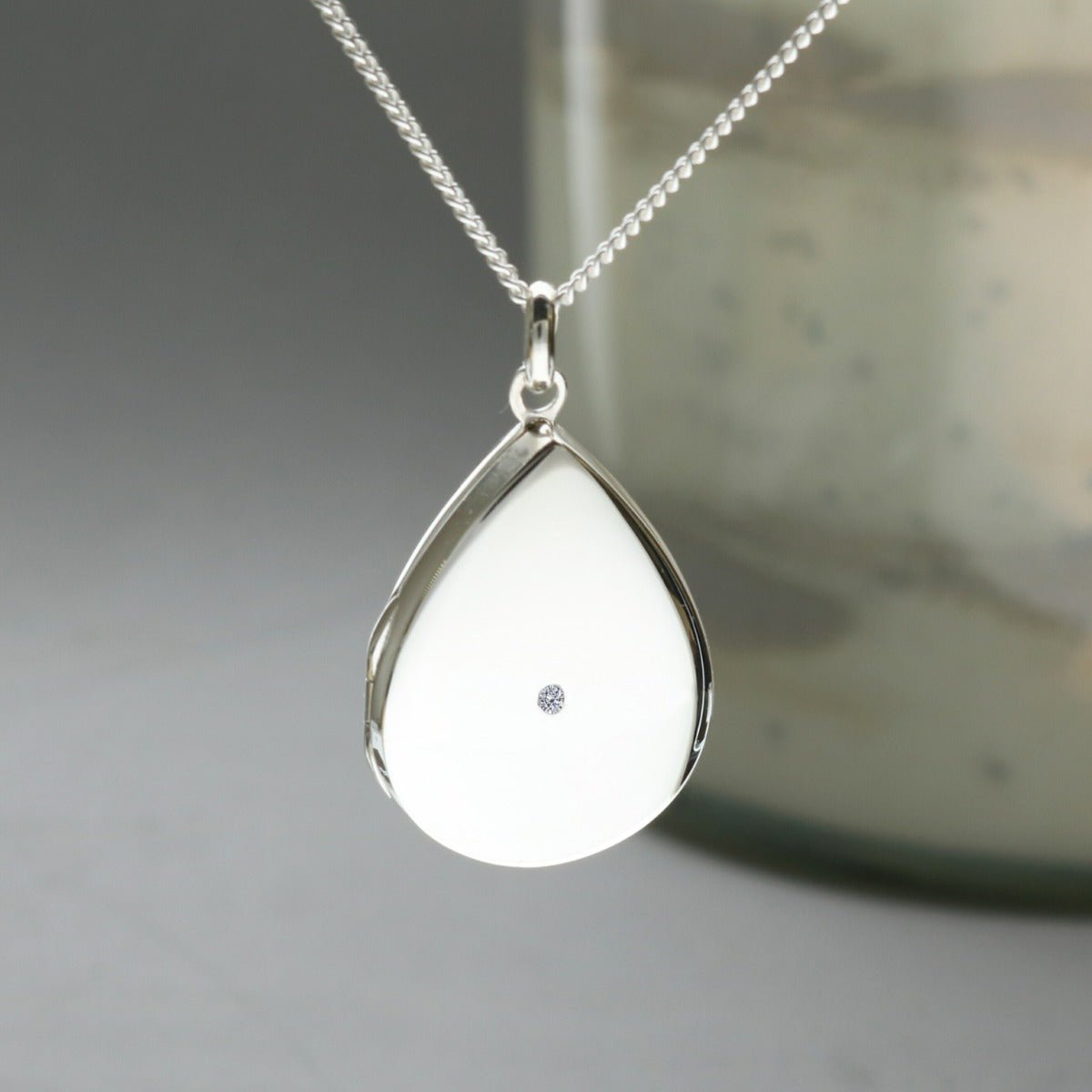 Sterling Silver Tear Drop Locket Set With CZ Crystal With Optional Engraving & Chain - Love Silver Jewellery