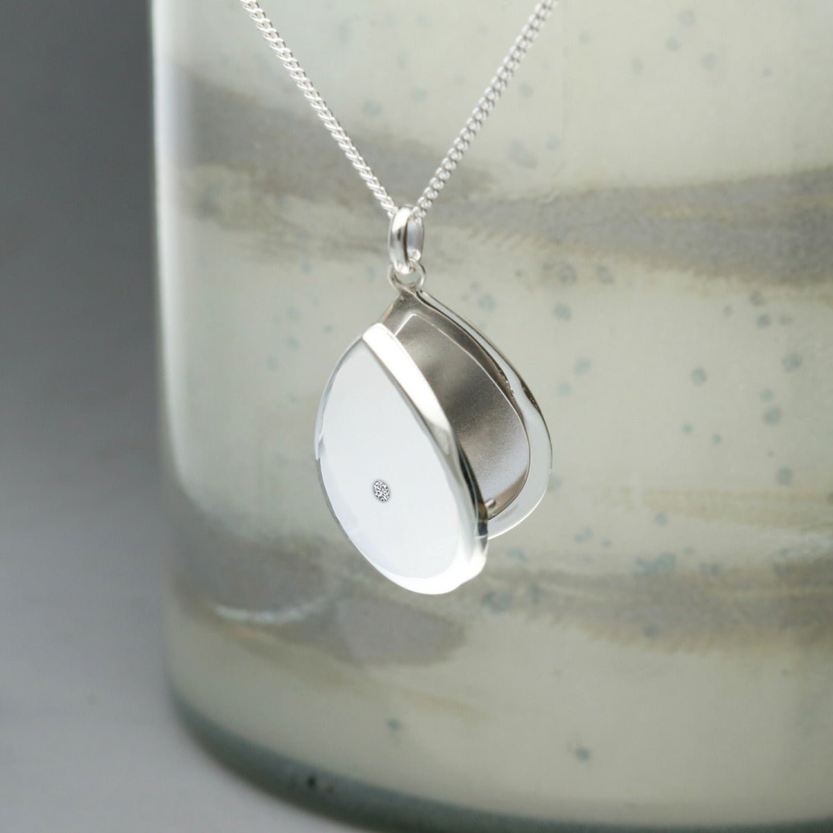 Sterling Silver Tear Drop Locket Set With CZ Crystal With Optional Engraving & Chain - Love Silver Jewellery