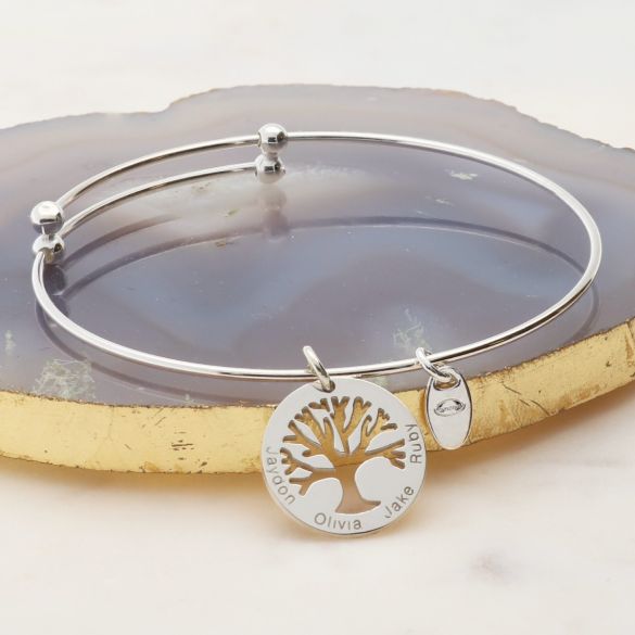 Sterling Silver Bangle Bracelet with Engraved Tree Of Life Charm - Love Silver Jewellery