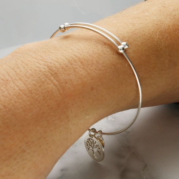 Sterling Silver Bangle Bracelet with Engraved Tree Of Life Charm - Love Silver Jewellery