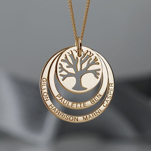 9ct Yellow Gold Plated Tree of Life Two Disc Family Necklace - Love Silver Jewellery