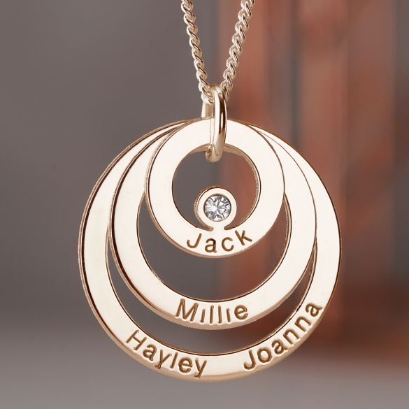 9ct Rose Gold Triple Disc Personalised Family Necklace With Diamond or Crystal