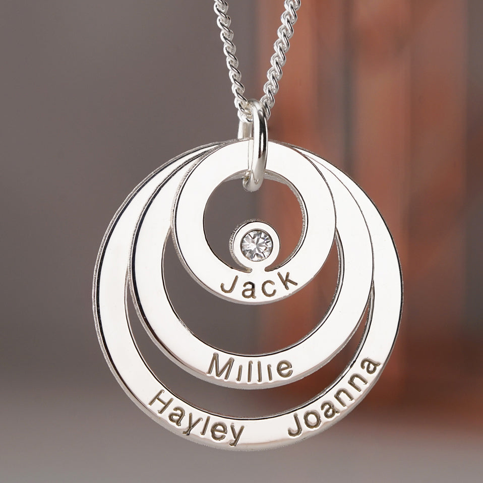 Sterling Silver Engraved Triple Disc Personalised Family Necklace With Diamond
