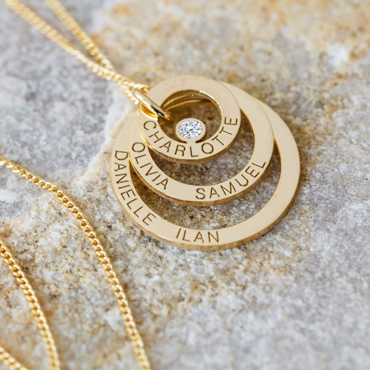 9ct Solid Yellow Gold Engraved Triple Disc Personalised Family Necklace With Diamond