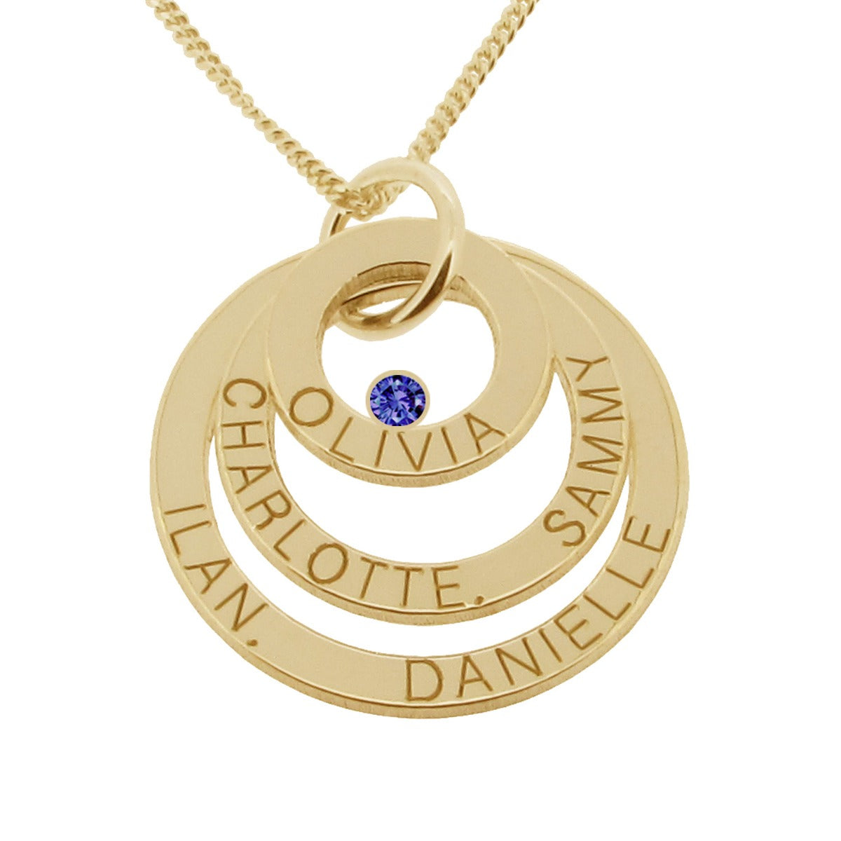 9ct Yellow Gold Vermeil Engraved Triple Disc Personalised Family Necklace With Sapphire