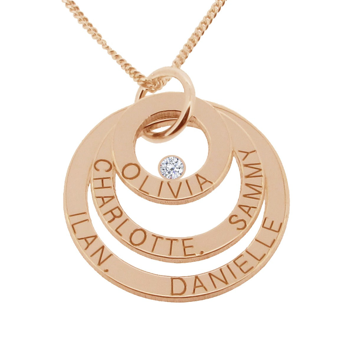 9ct Rose Gold Vermeil Engraved Triple Disc Personalised Family Necklace With Diamond