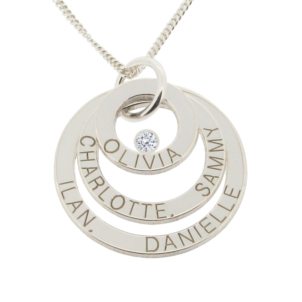 9ct White Gold Engraved Triple Disc Personalised Family Necklace With Diamond