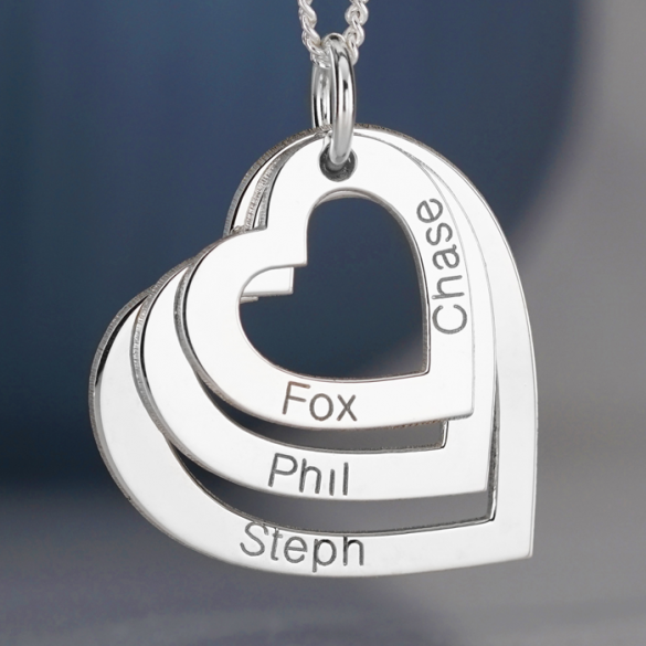 9ct White Gold Triple Heart Personalised Family Necklace