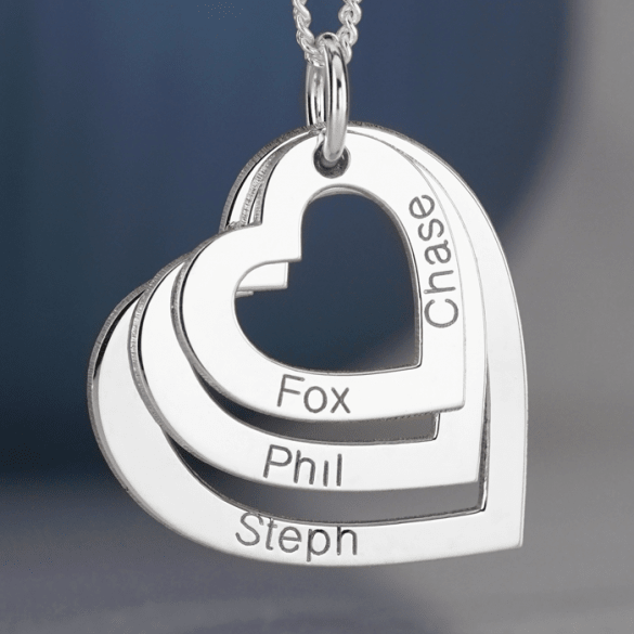 9ct White Gold Triple Heart Personalised Family Necklace - Love Silver Jewellery