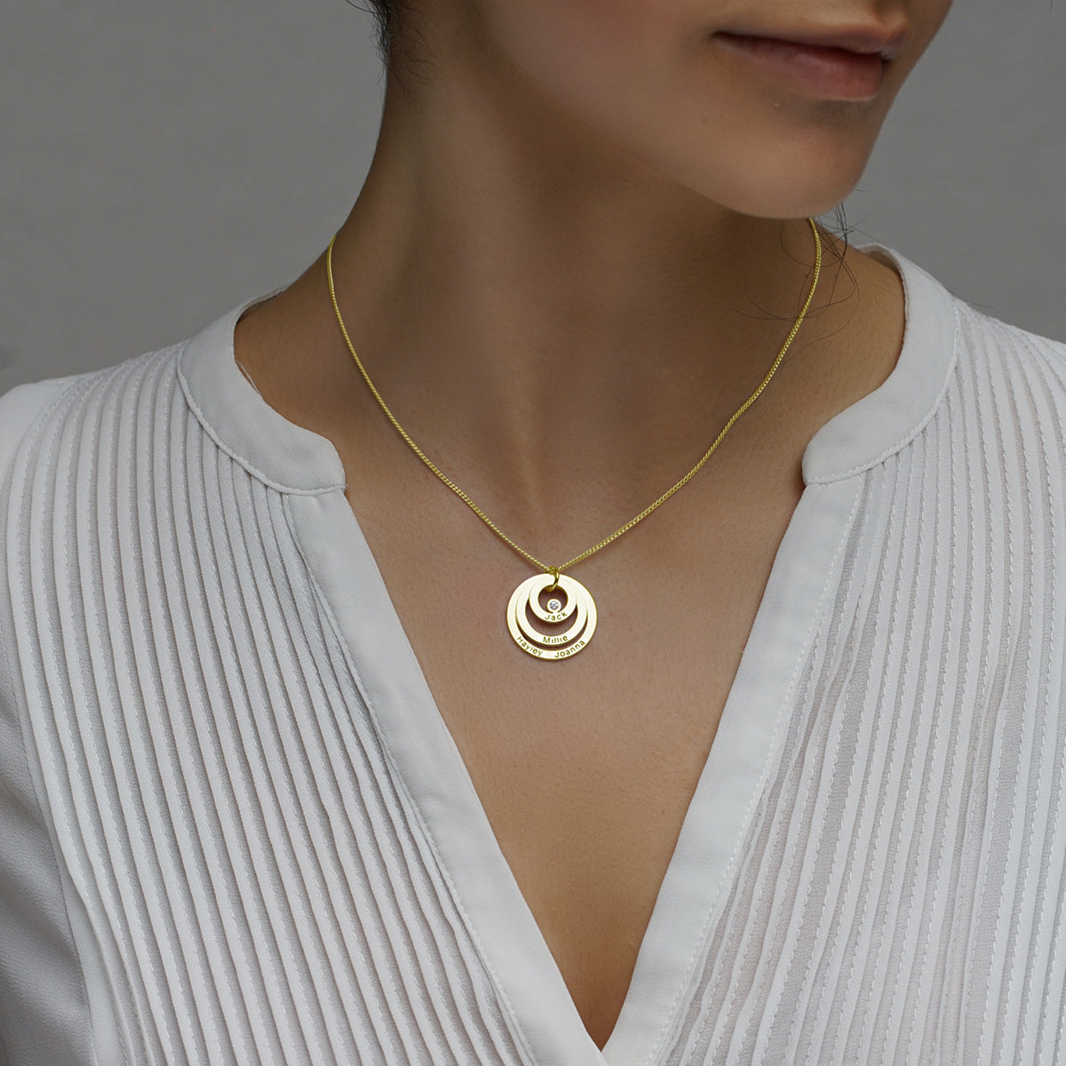 9ct Solid Yellow Gold Engraved Triple Disc Personalised Family Necklace With Diamond & Optional Chain