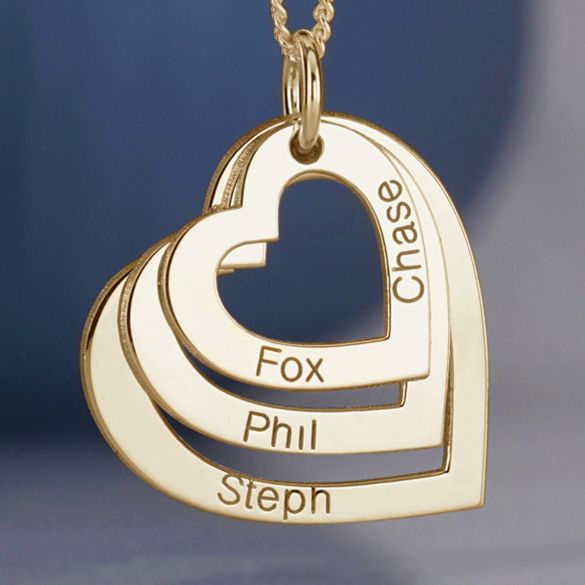 9ct Yellow Gold Triple Heart Personalised Family Necklace - Love Silver Jewellery