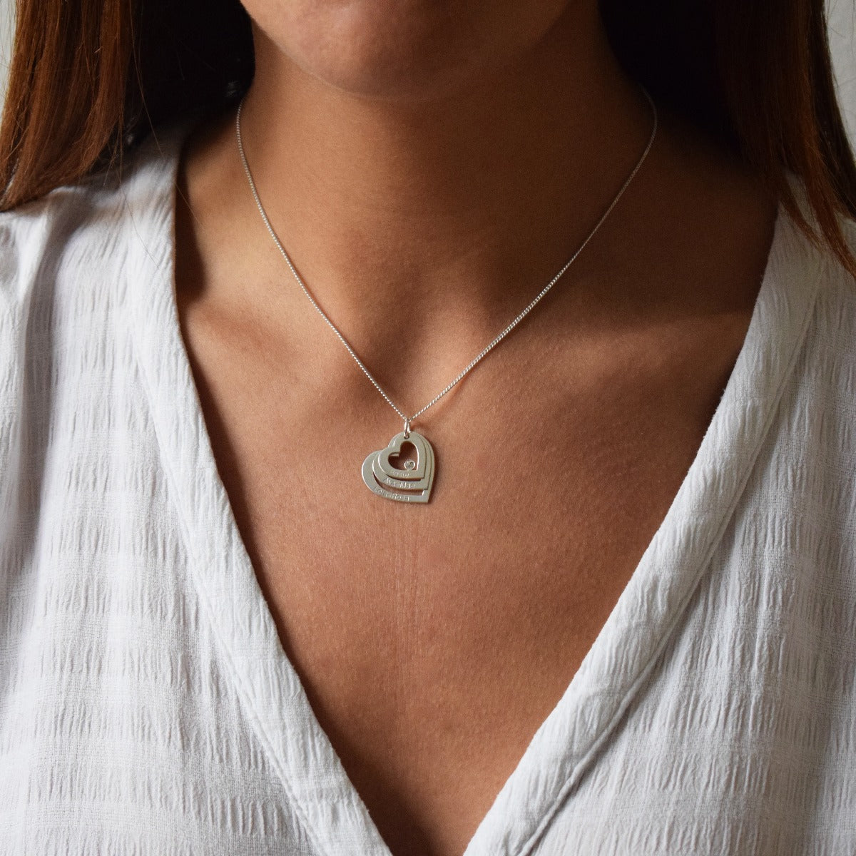 Sterling Silver Engraved Triple Heart Pendant With Crystal