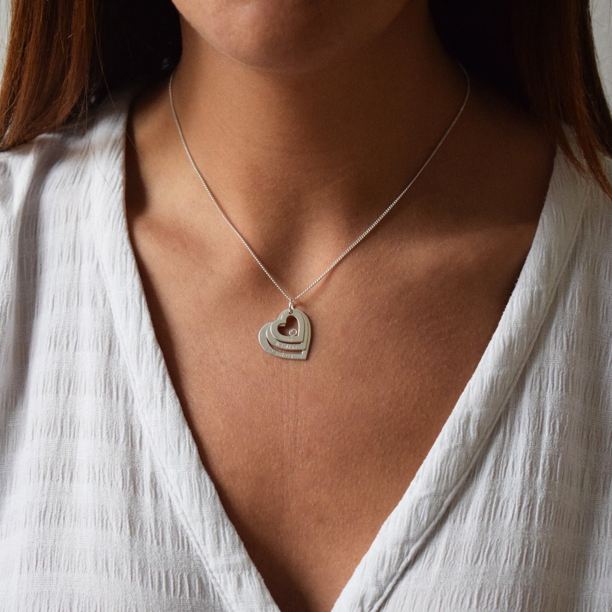 Sterling Silver Engraved Triple Heart Pendant With Crystal - Love Silver Jewellery