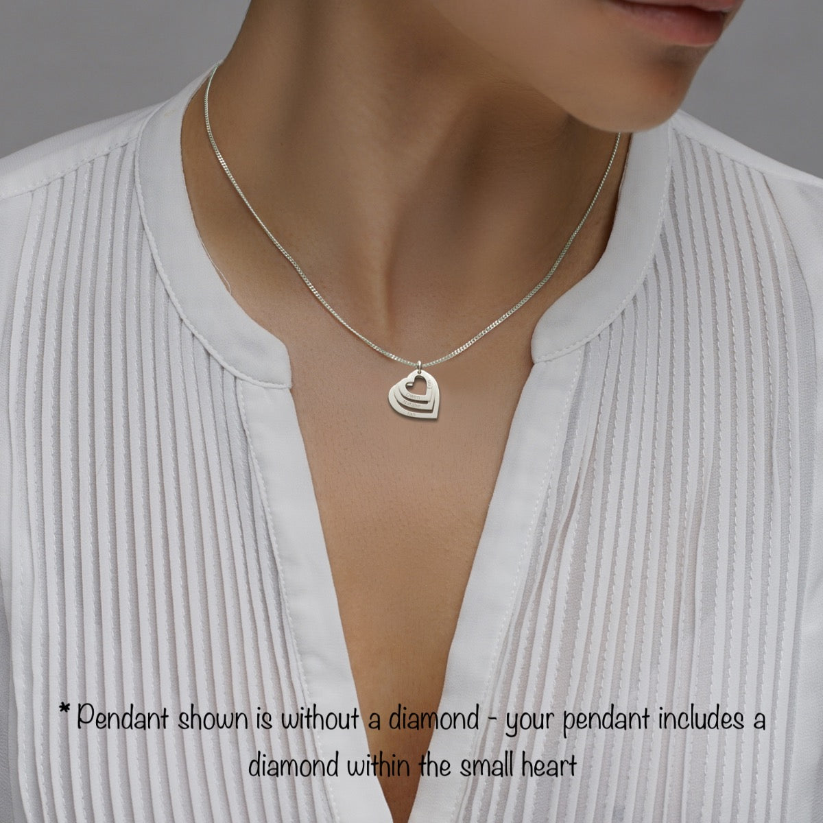9ct Solid White Gold Engraved Triple Heart Pendant With Diamond