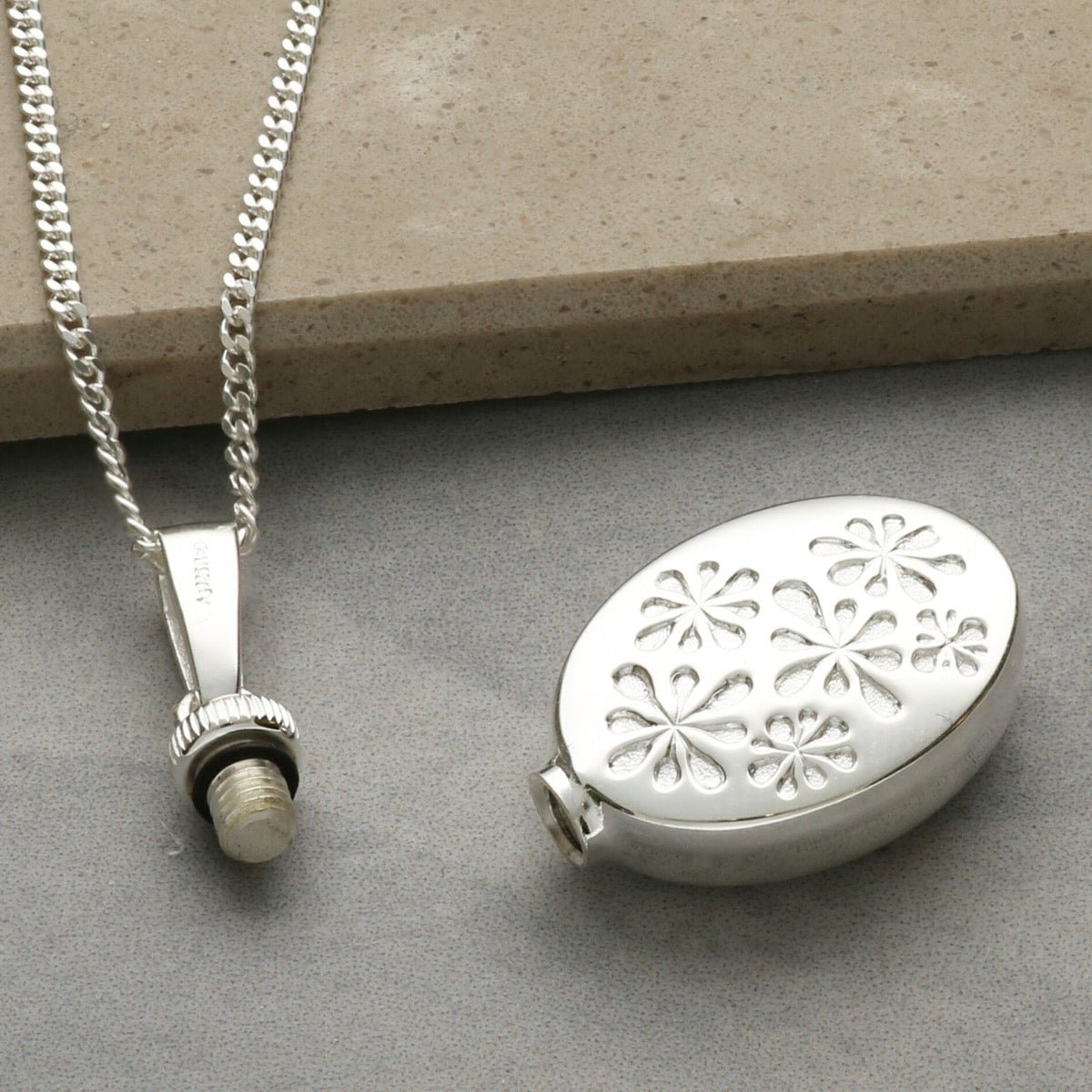 Sterling Silver Teardrop Petals Oval Urn Cremation Ashes Pendant With Optional Engraving & Chain - Love Silver Jewellery