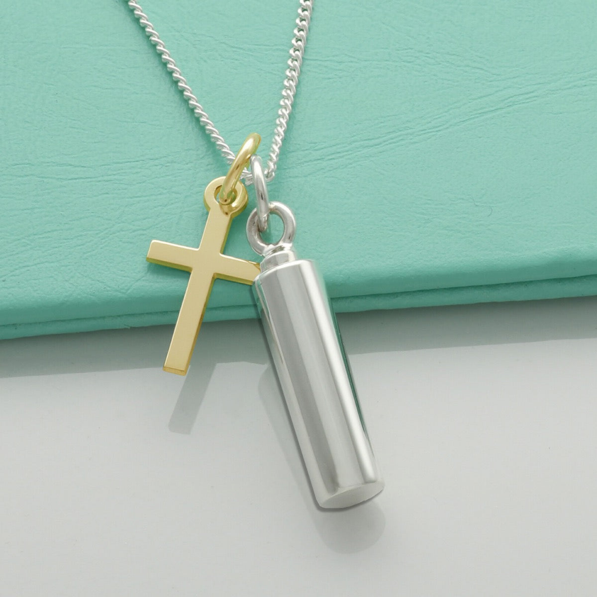 Sterling Silver Small Cylindrical Urn Cremation Ashes Pendant and Cross With Optional Engraving & Chain