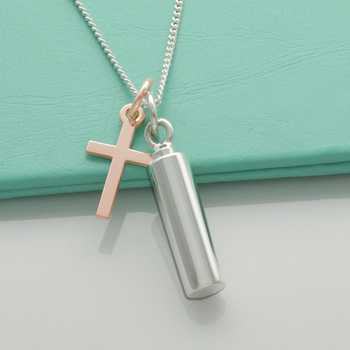 Sterling Silver Small Cylindrical Urn Cremation Ashes Pendant and Cross With Optional Engraving & Chain - Love Silver Jewellery