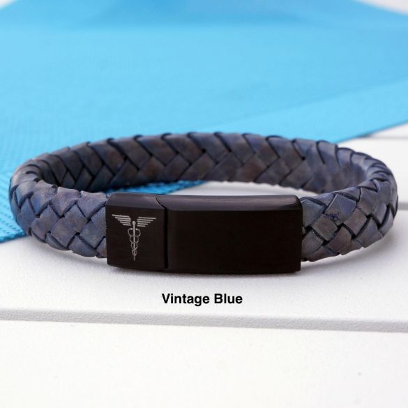 Unisex Leather and Stainless Steel Medic Bracelet with Free Engraving