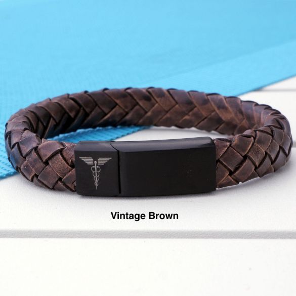 Unisex Leather and Stainless Steel Medic Bracelet with Free Engraving