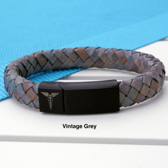 Unisex Leather and Stainless Steel Medic Bracelet with Free Engraving